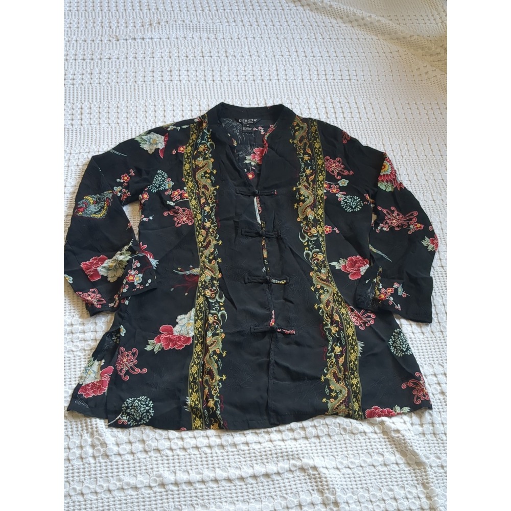 Citron Santa Monica Silk Blouse Top Dragon Floral Multicolor Frog Closure Medium